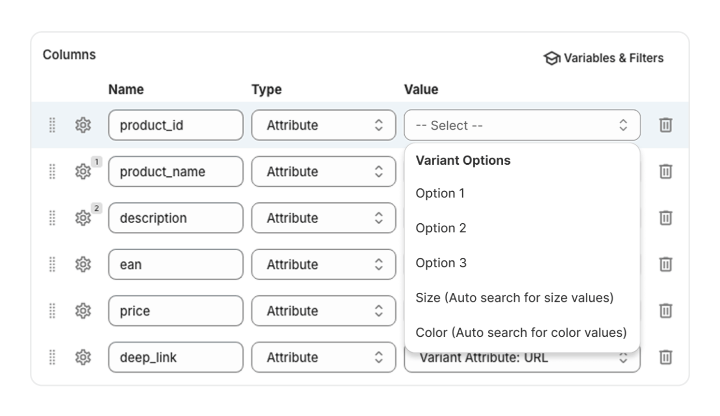 Variant Option Names and Values