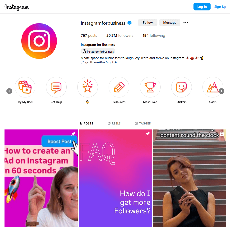 Professional Instagram profile of Instagram for Business