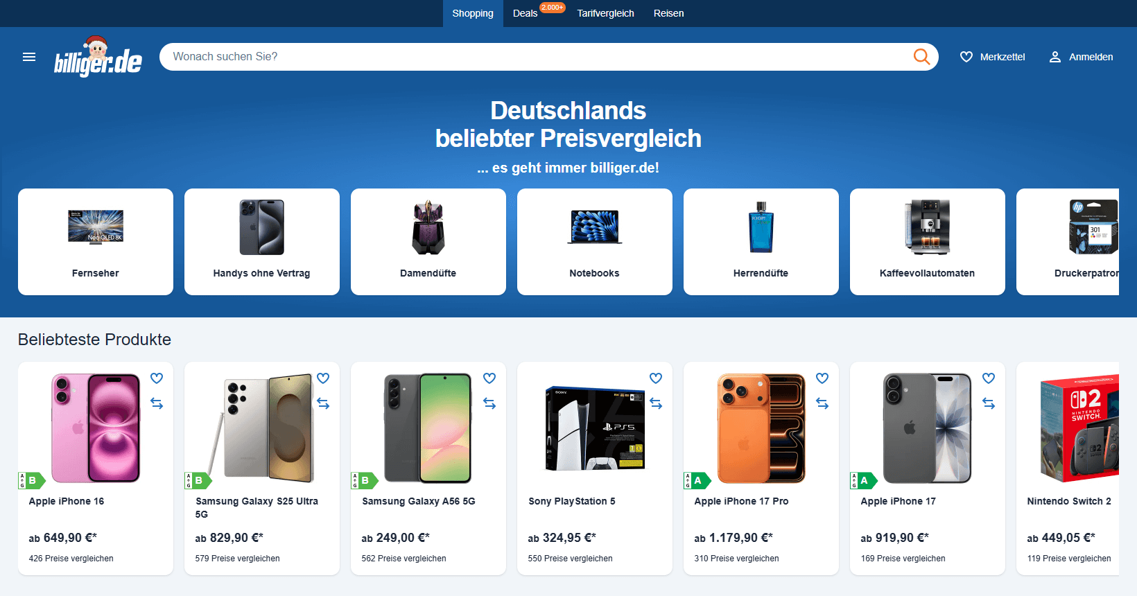 Billiger.de main page interface
