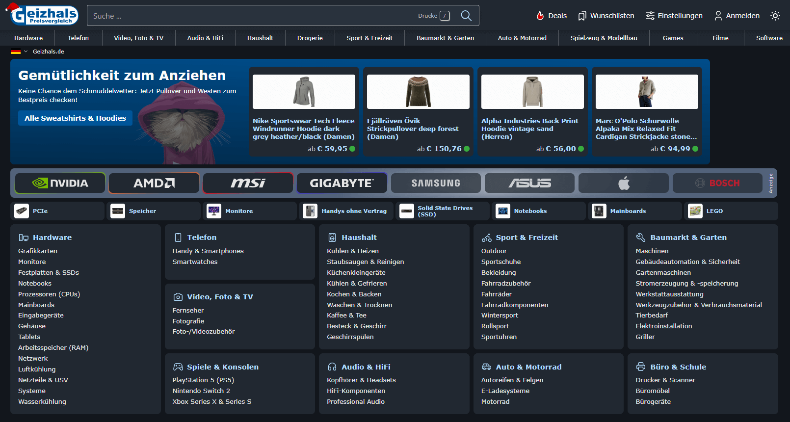 Geizhals.de main page interface