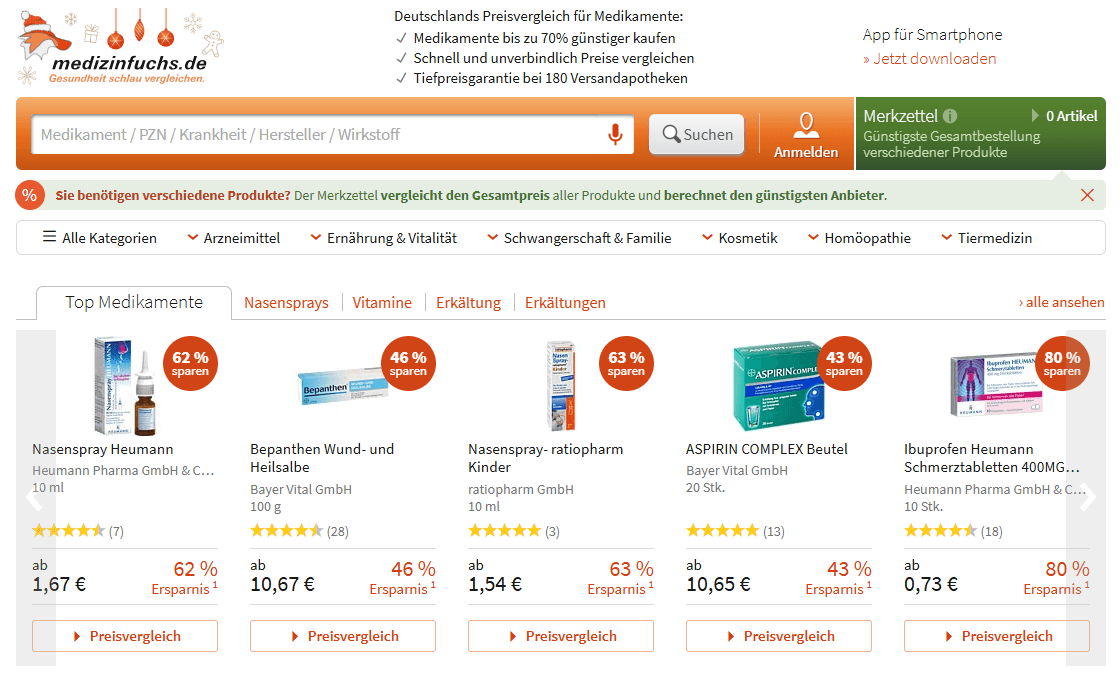 Medizinfuchs.de main page interface