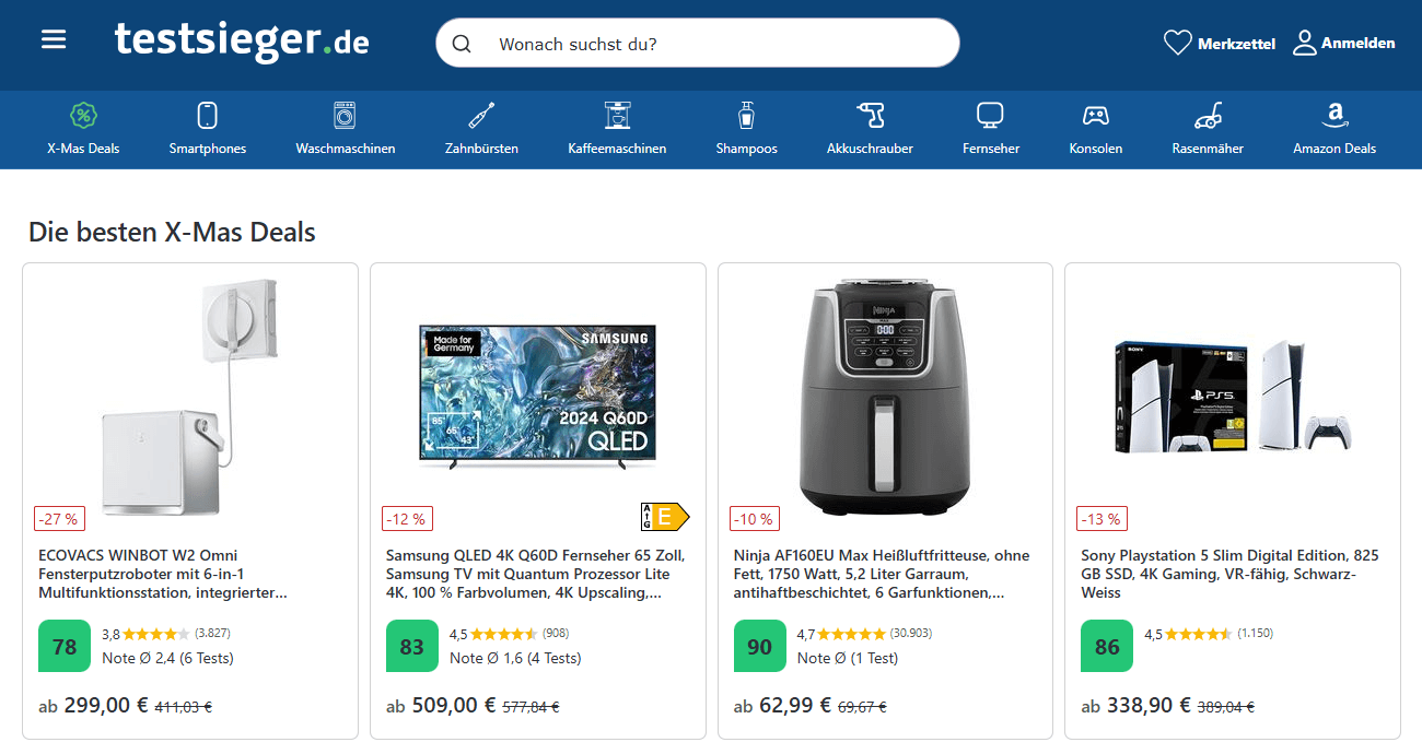 Testsieger.de main page interface