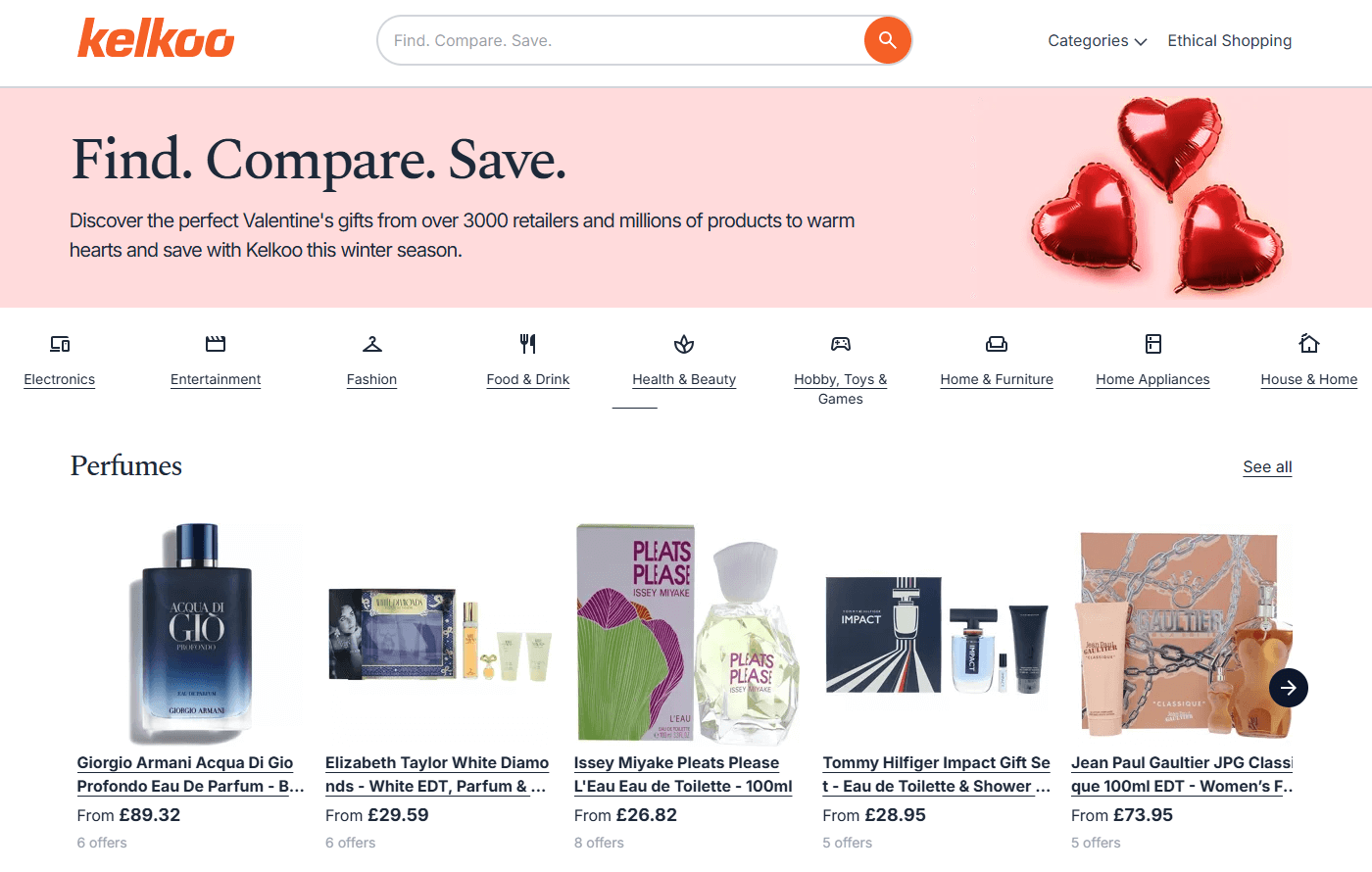 Kelkoo.co.uk main page interface