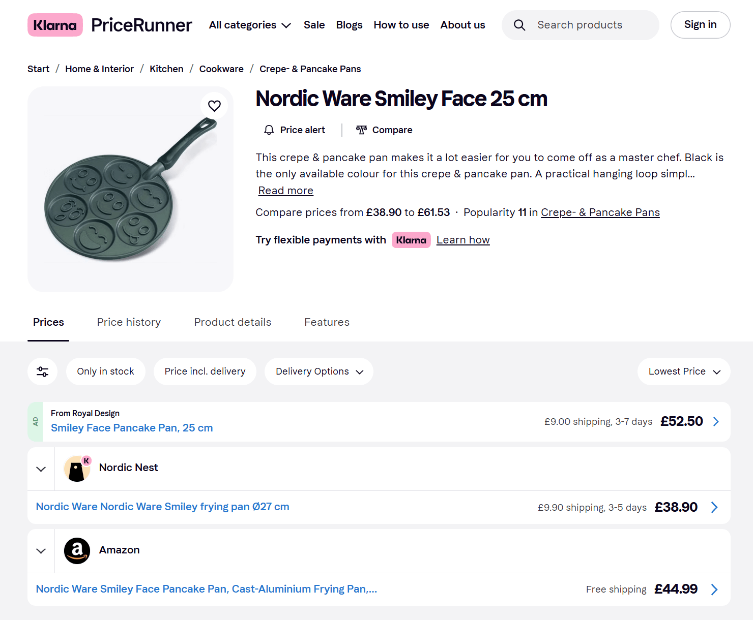 Product listing page on a price comparison website