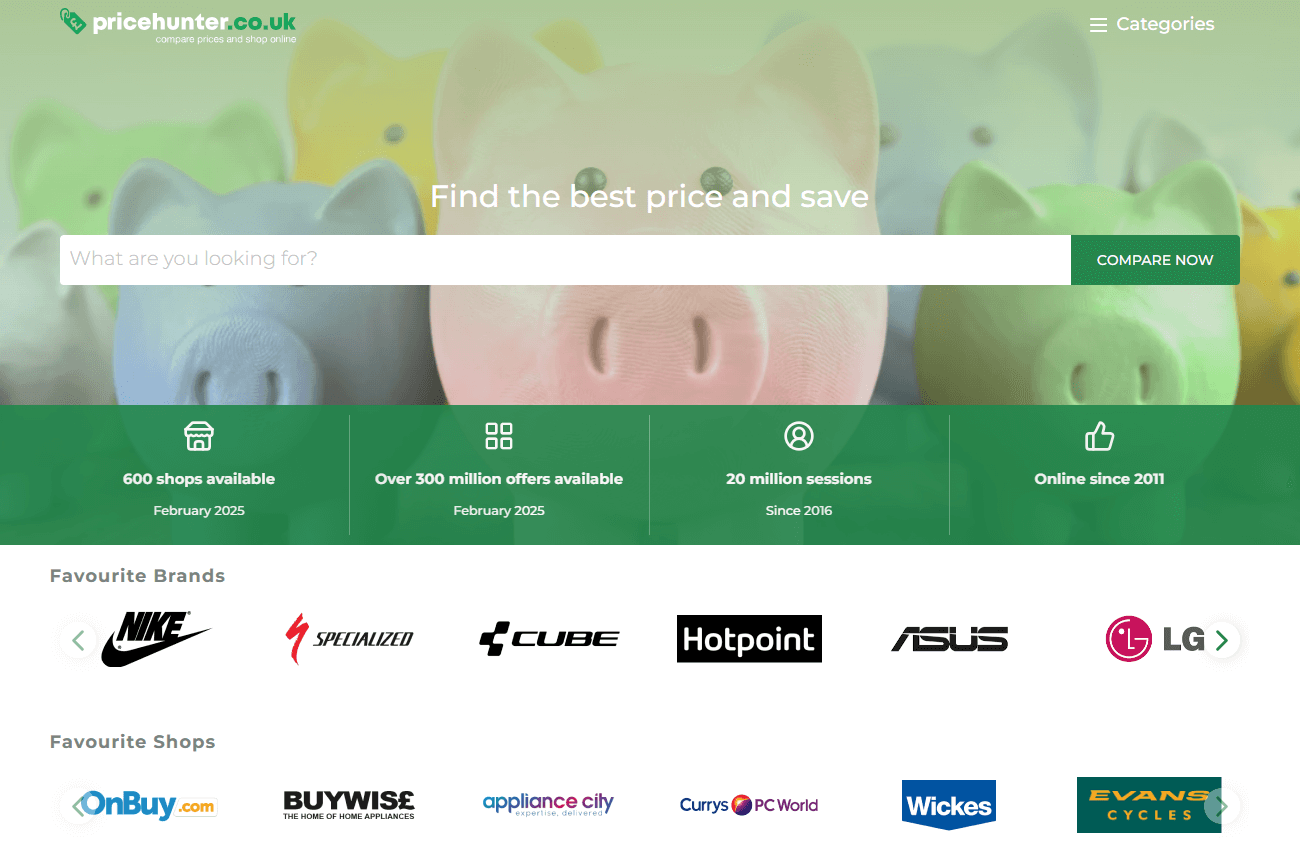 Pricehunter.co.uk main page interface