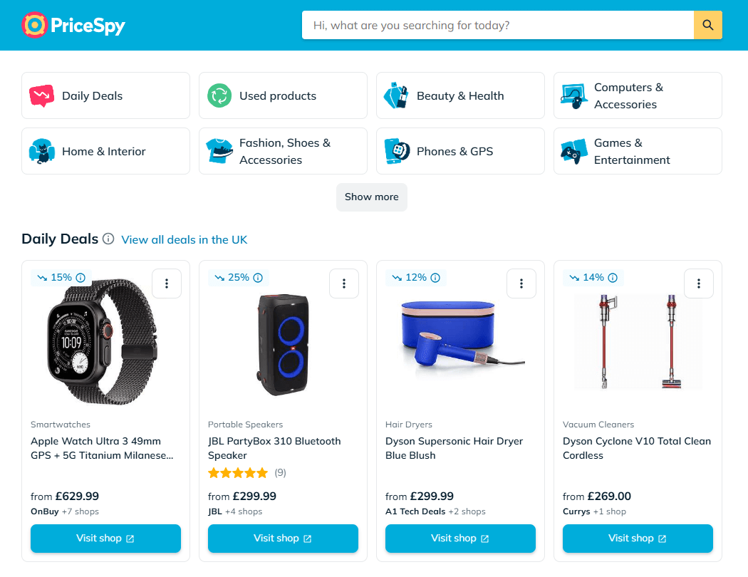 PriceSpy.co.uk main page interface