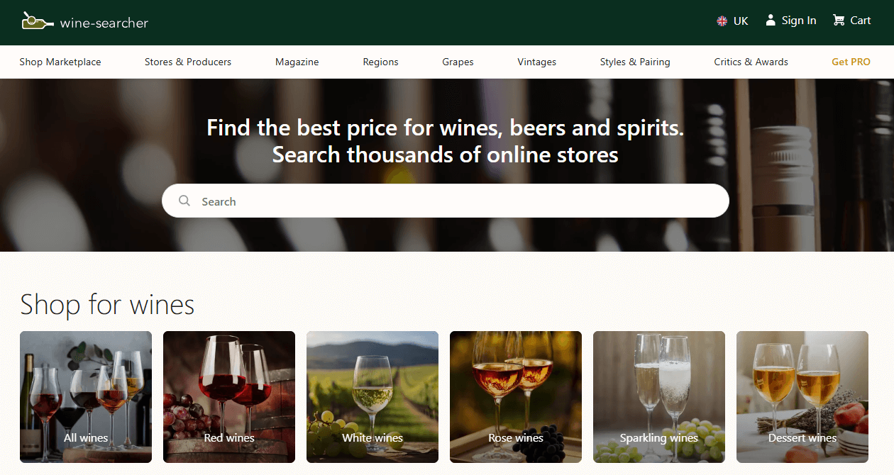 Wine-Searcher main page interface