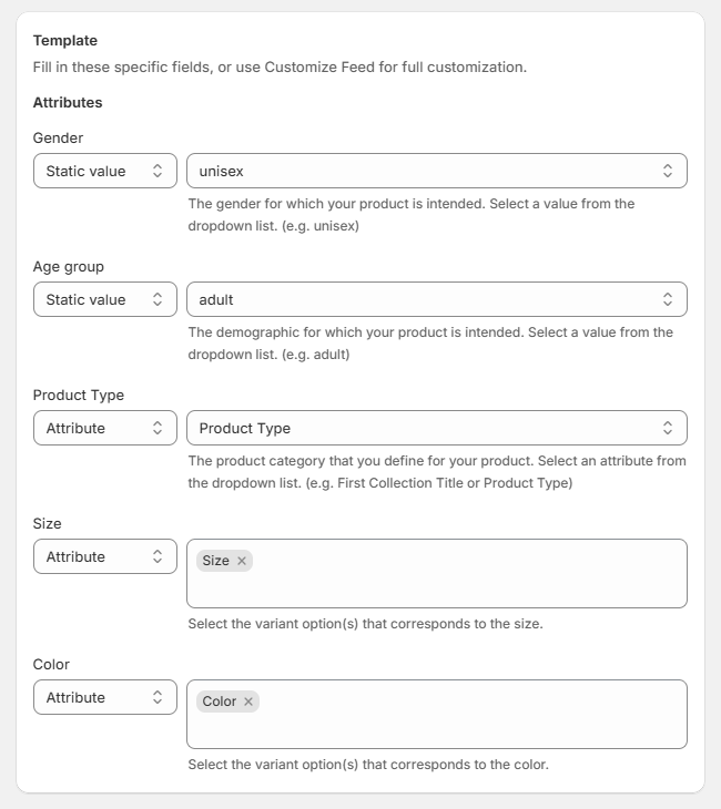 How to fill out required attributes in Facebook feed