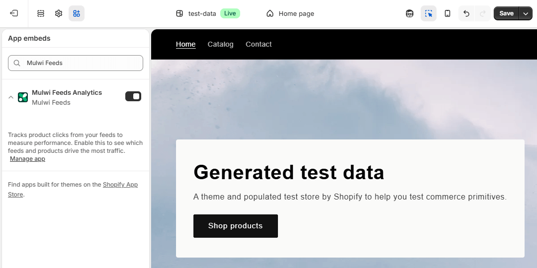 Where to enable Mulwi Feeds Analytics in the Shopify theme editor